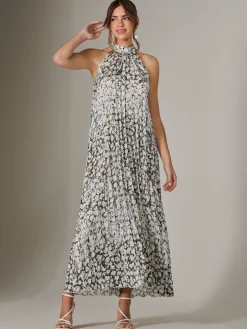Jolie Moi Occasion Dresses|Weekend Casuals-Abstract Halter Neck Pleated Maxi Dress, Black Abstract