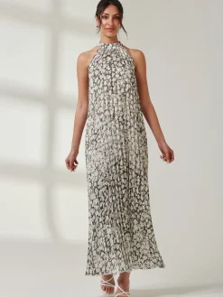 Jolie Moi Occasion Dresses|Weekend Casuals-Abstract Halter Neck Pleated Maxi Dress, Black Abstract