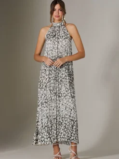 Jolie Moi Occasion Dresses|Weekend Casuals-Abstract Halter Neck Pleated Maxi Dress, Black Abstract