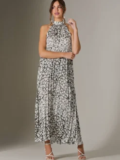 Jolie Moi Occasion Dresses|Weekend Casuals-Abstract Halter Neck Pleated Maxi Dress, Black Abstract
