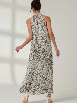 Jolie Moi Occasion Dresses|Weekend Casuals-Abstract Halter Neck Pleated Maxi Dress, Black Abstract