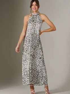 Jolie Moi Occasion Dresses|Weekend Casuals-Abstract Halter Neck Pleated Maxi Dress, Black Abstract