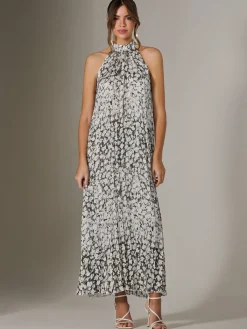 Jolie Moi Occasion Dresses|Weekend Casuals-Abstract Halter Neck Pleated Maxi Dress, Black Abstract