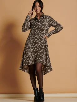 Jolie Moi Shirt Dresses|Weekend Casuals-Abstract Print Dipped Hem Shirt Dress, Taupe Multi