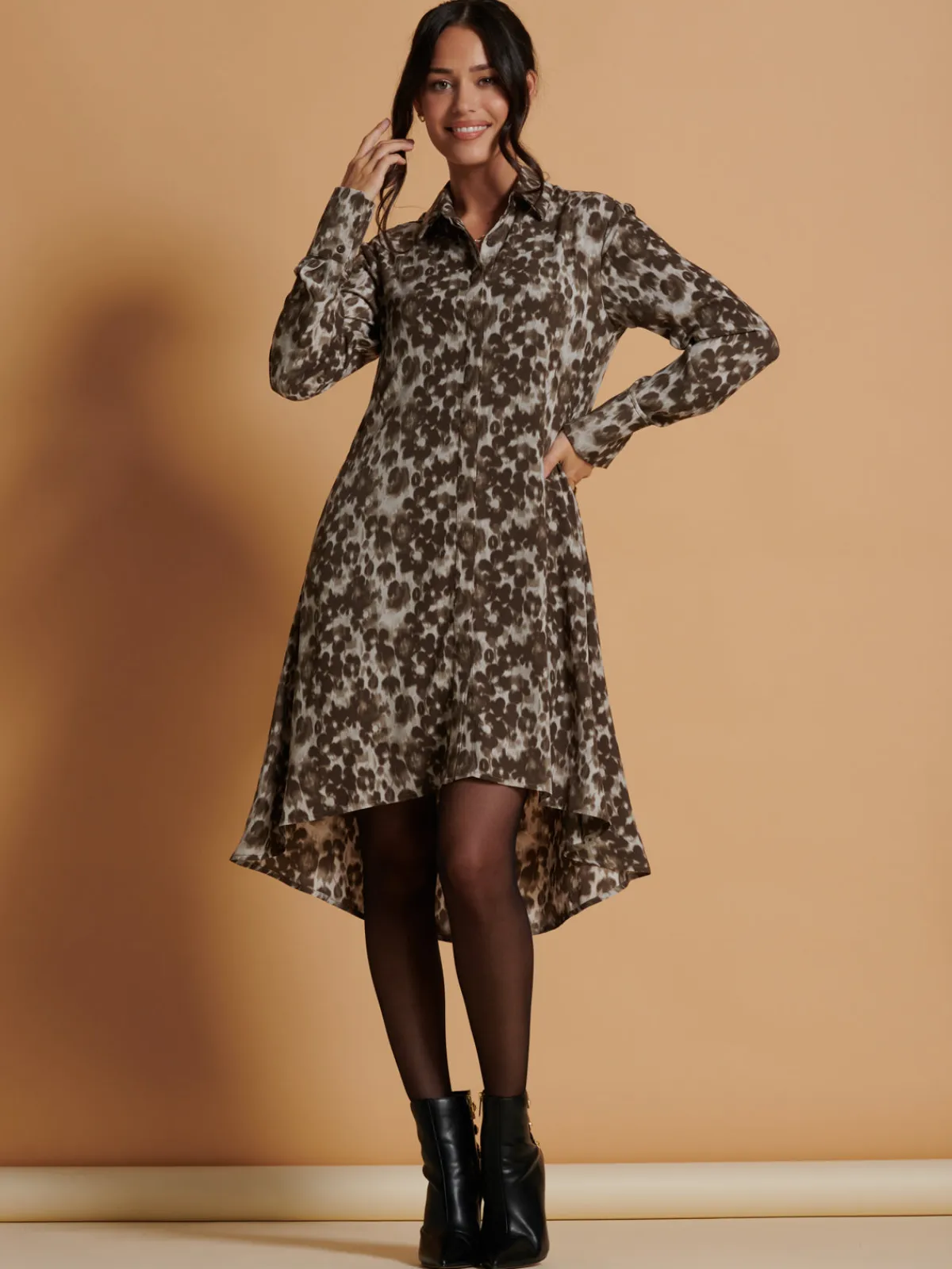 Jolie Moi Shirt Dresses|Weekend Casuals-Abstract Print Dipped Hem Shirt Dress, Taupe Multi