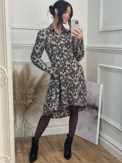 Jolie Moi Shirt Dresses|Weekend Casuals-Abstract Print Dipped Hem Shirt Dress, Taupe Multi