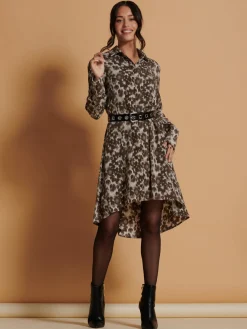 Jolie Moi Shirt Dresses|Weekend Casuals-Abstract Print Dipped Hem Shirt Dress, Taupe Multi