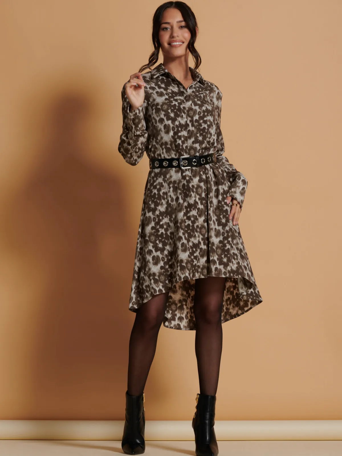 Jolie Moi Shirt Dresses|Weekend Casuals-Abstract Print Dipped Hem Shirt Dress, Taupe Multi