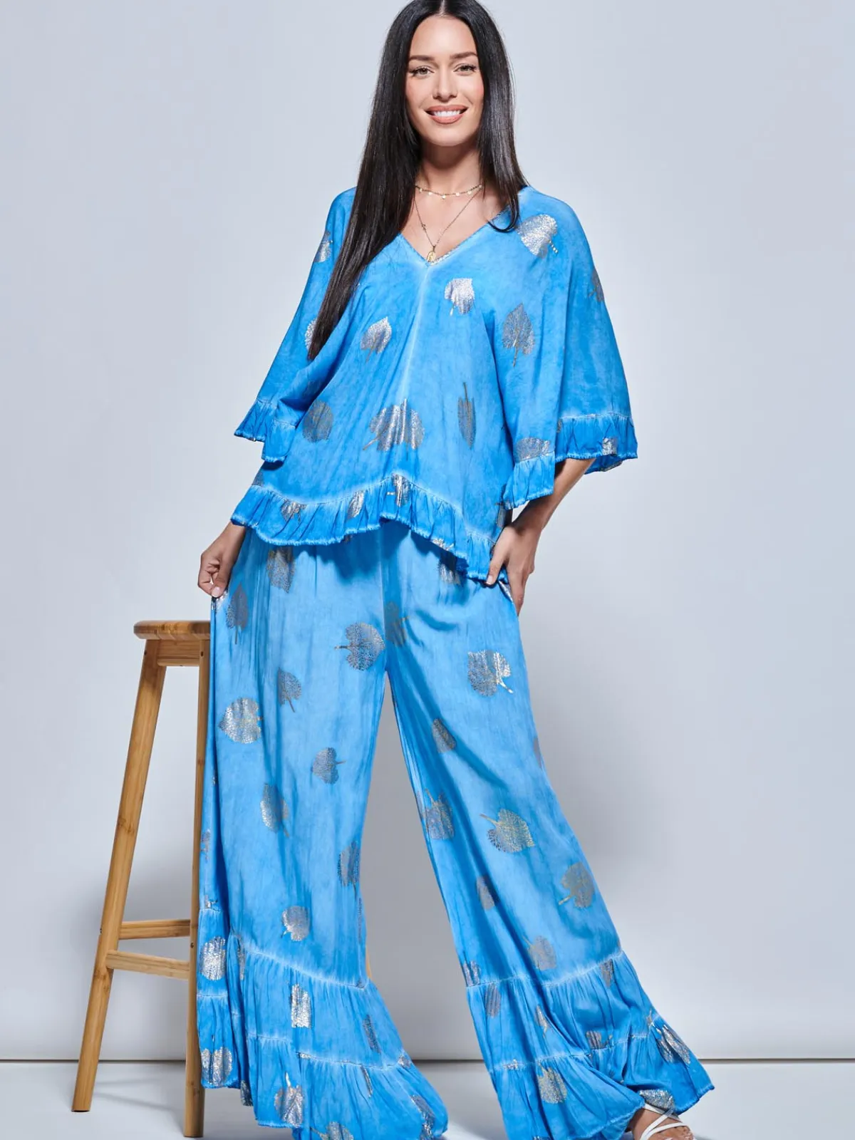 Jolie Moi Co-Ords-Abstract Print Palazzo Style Holiday Pants, Blue Abstract