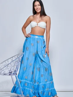 Jolie Moi Co-Ords-Abstract Print Palazzo Style Holiday Pants, Blue Abstract