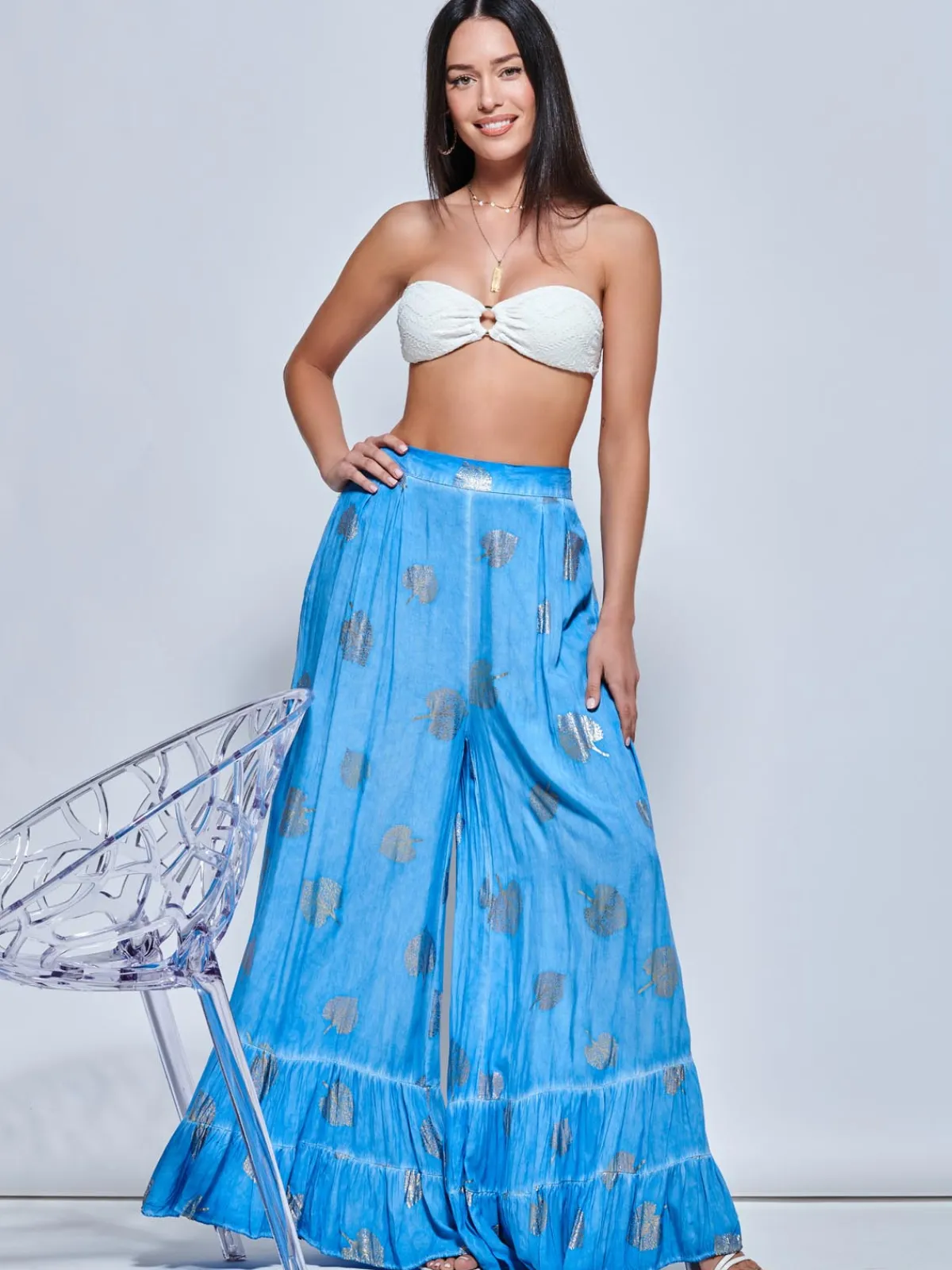 Jolie Moi Co-Ords-Abstract Print Palazzo Style Holiday Pants, Blue Abstract