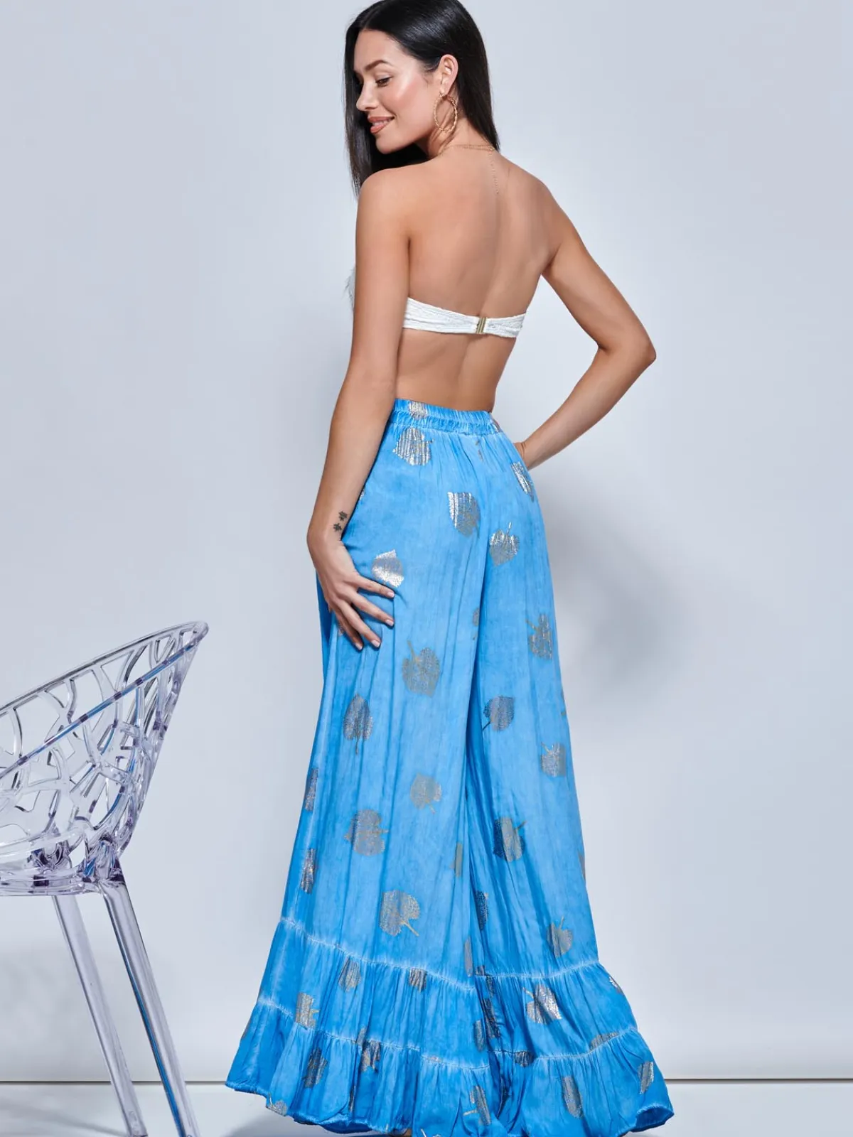 Jolie Moi Co-Ords-Abstract Print Palazzo Style Holiday Pants, Blue Abstract