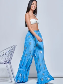 Jolie Moi Co-Ords-Abstract Print Palazzo Style Holiday Pants, Blue Abstract