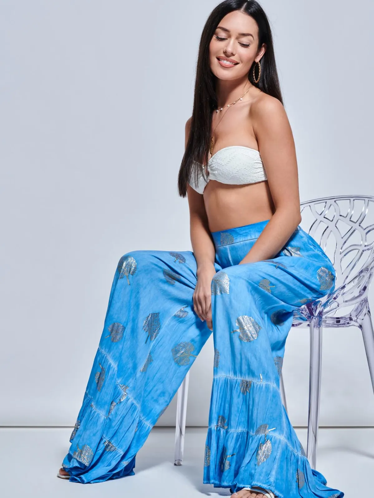 Jolie Moi Co-Ords-Abstract Print Palazzo Style Holiday Pants, Blue Abstract