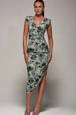 Jolie Moi Occasion Dresses|Sleeveless Dresses-Abstract Ruched Asymmetric Bodycon Dress, Grey Abstract