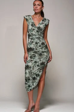 Jolie Moi Occasion Dresses|Sleeveless Dresses-Abstract Ruched Asymmetric Bodycon Dress, Grey Abstract