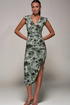 Jolie Moi Occasion Dresses|Sleeveless Dresses-Abstract Ruched Asymmetric Bodycon Dress, Grey Abstract