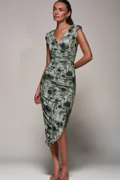 Jolie Moi Occasion Dresses|Sleeveless Dresses-Abstract Ruched Asymmetric Bodycon Dress, Grey Abstract