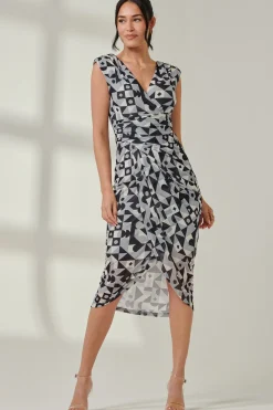 Jolie Moi Sleeveless Dresses|Mesh Dresses-Abstract Ruched Bodycon Wrap Dress, Black Geo