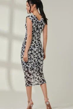 Jolie Moi Sleeveless Dresses|Mesh Dresses-Abstract Ruched Bodycon Wrap Dress, Black Geo
