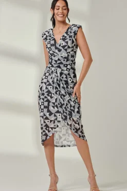 Jolie Moi Sleeveless Dresses|Mesh Dresses-Abstract Ruched Bodycon Wrap Dress, Black Geo
