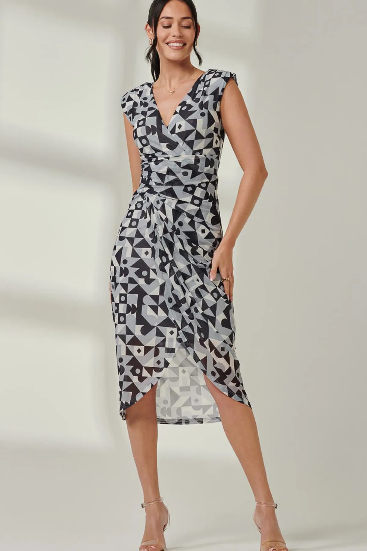 Jolie Moi Sleeveless Dresses|Mesh Dresses-Abstract Ruched Bodycon Wrap Dress, Black Geo