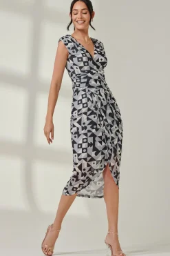 Jolie Moi Sleeveless Dresses|Mesh Dresses-Abstract Ruched Bodycon Wrap Dress, Black Geo