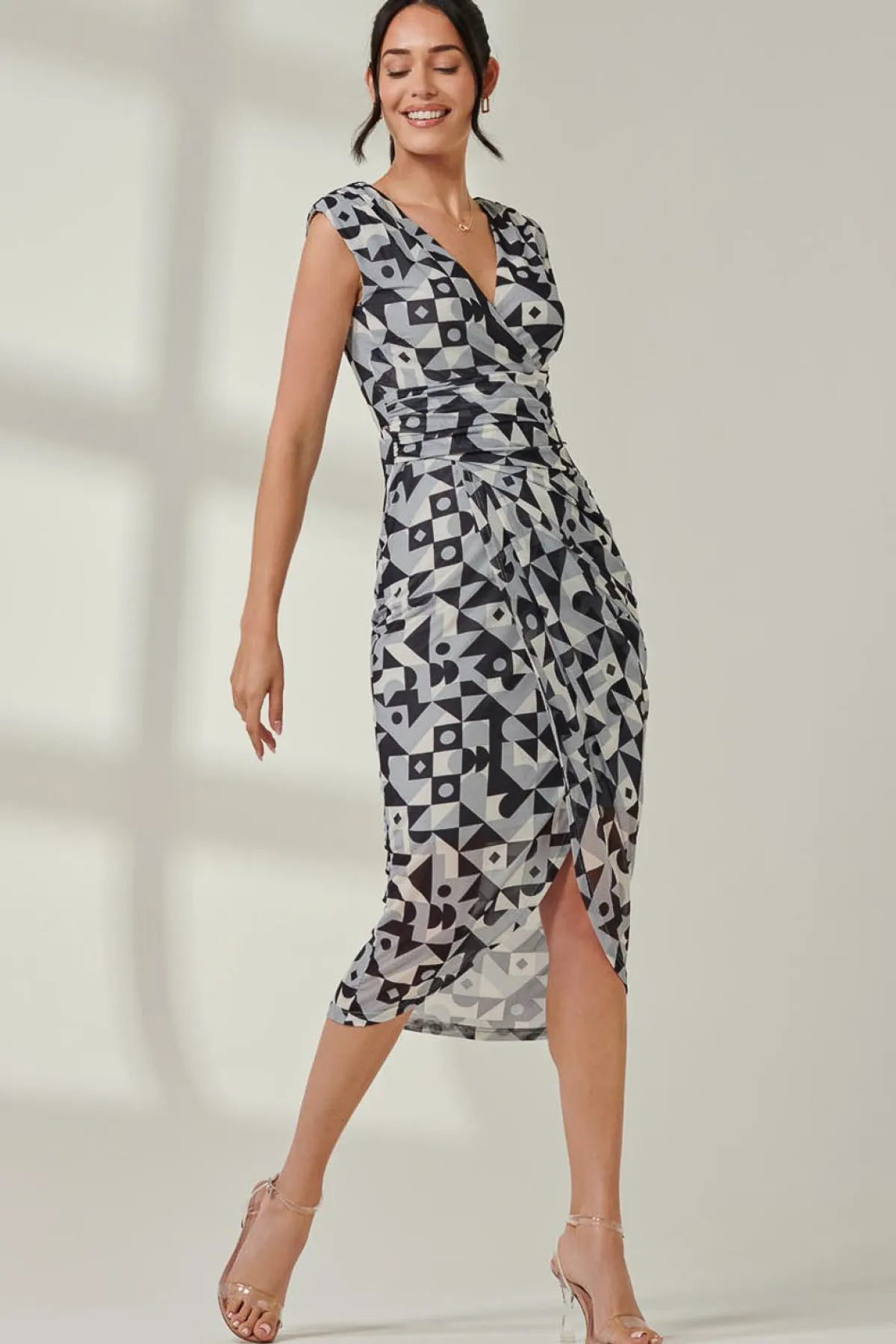 Jolie Moi Sleeveless Dresses|Mesh Dresses-Abstract Ruched Bodycon Wrap Dress, Black Geo