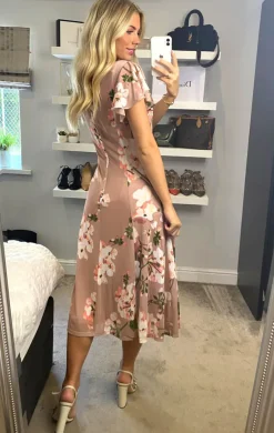 Jolie Moi Occasion Dresses|Floral Dresses-Acela Floral Print Mesh Dress, Dusty Pink