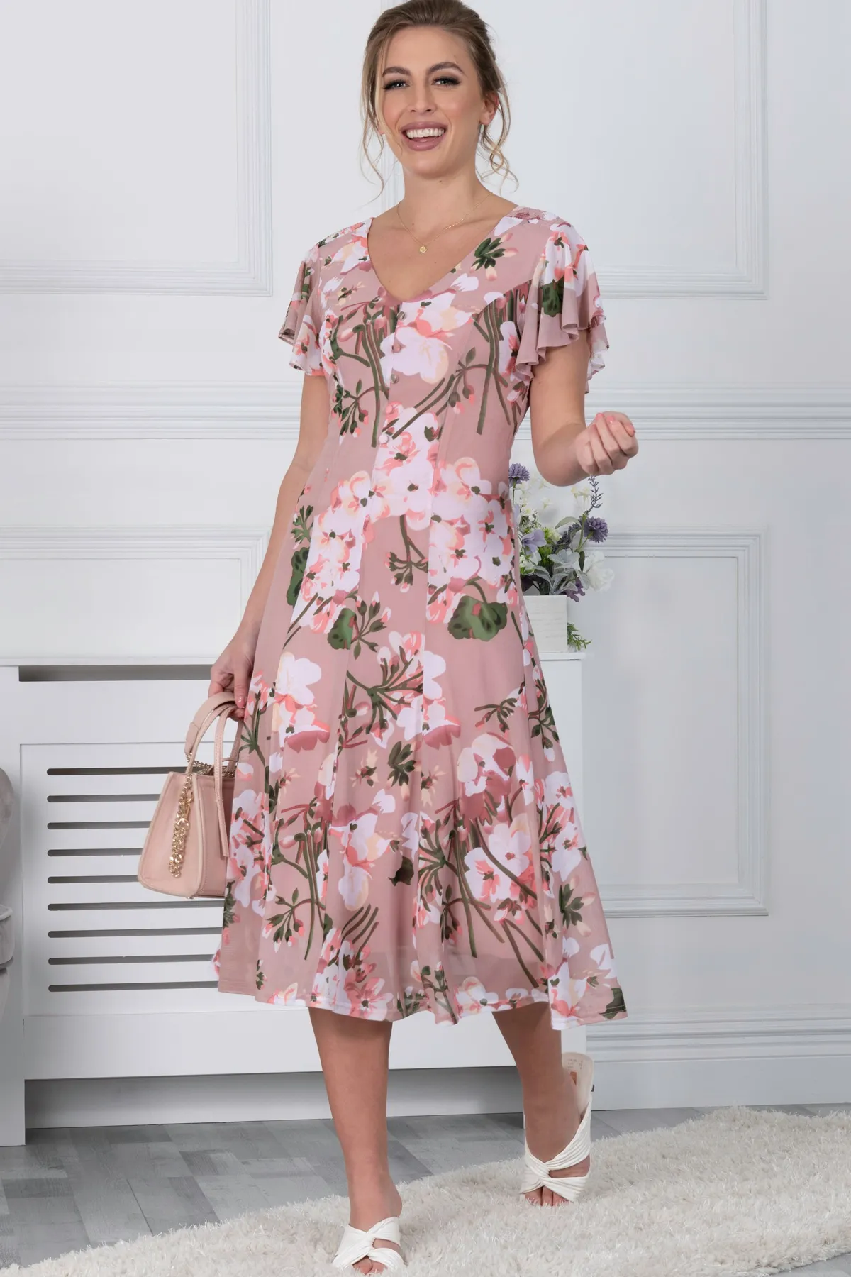 Jolie Moi Occasion Dresses|Floral Dresses-Acela Floral Print Mesh Dress, Dusty Pink