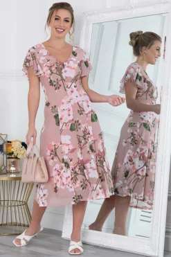 Jolie Moi Occasion Dresses|Floral Dresses-Acela Floral Print Mesh Dress, Dusty Pink