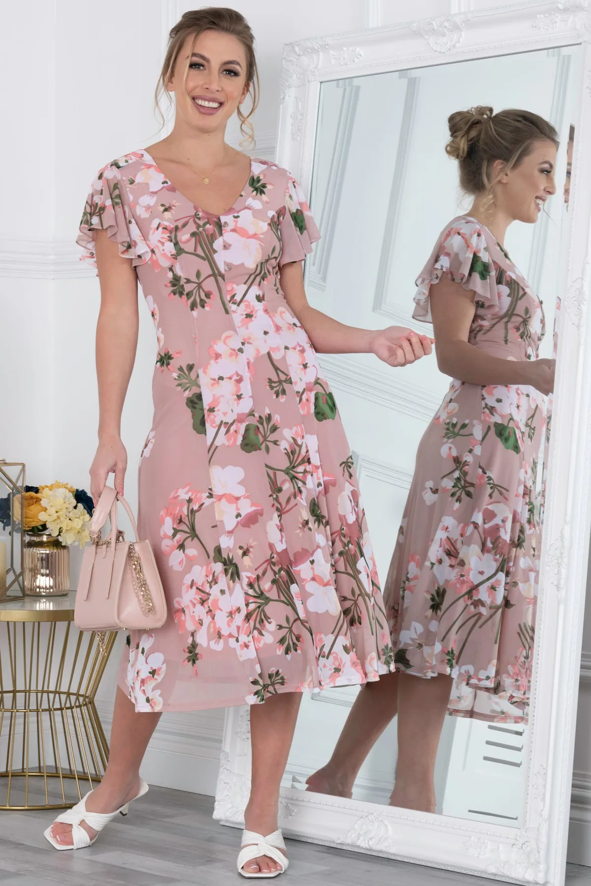Jolie Moi Occasion Dresses|Floral Dresses-Acela Floral Print Mesh Dress, Dusty Pink