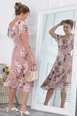 Jolie Moi Occasion Dresses|Floral Dresses-Acela Floral Print Mesh Dress, Dusty Pink