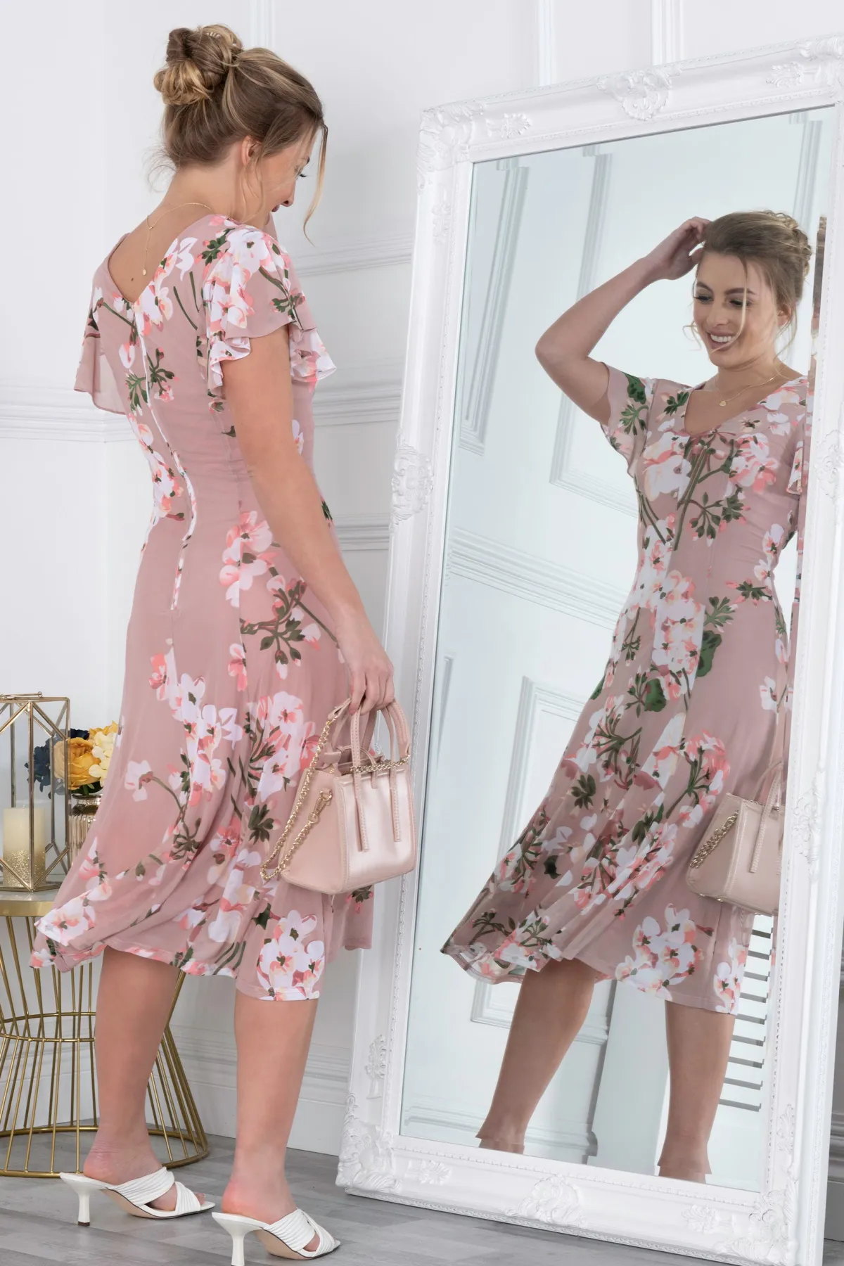 Jolie Moi Occasion Dresses|Floral Dresses-Acela Floral Print Mesh Dress, Dusty Pink