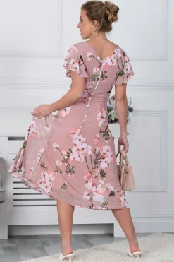 Jolie Moi Occasion Dresses|Floral Dresses-Acela Floral Print Mesh Dress, Dusty Pink