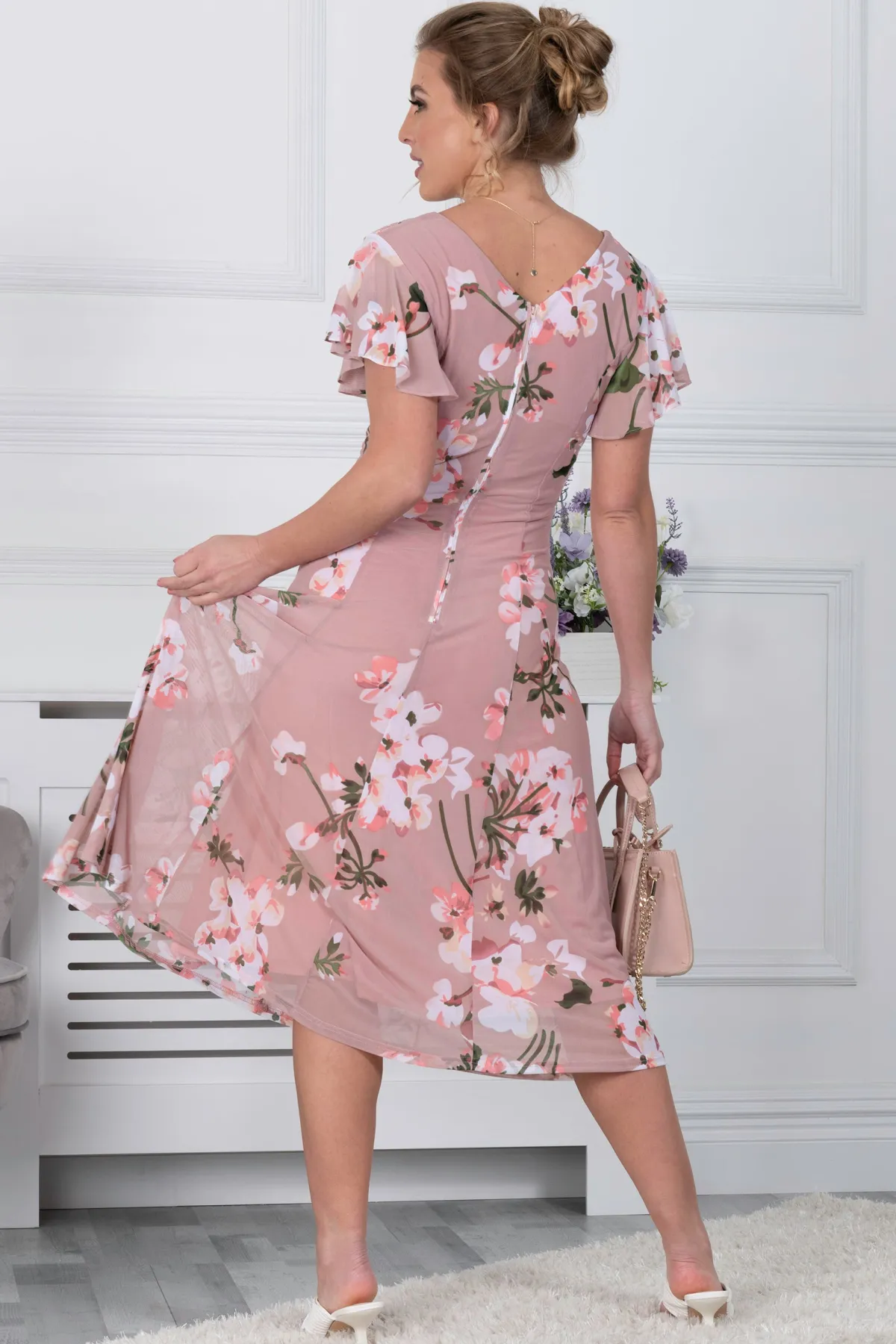Jolie Moi Occasion Dresses|Floral Dresses-Acela Floral Print Mesh Dress, Dusty Pink
