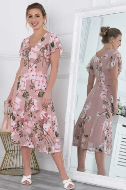 Jolie Moi Occasion Dresses|Floral Dresses-Acela Floral Print Mesh Dress, Dusty Pink