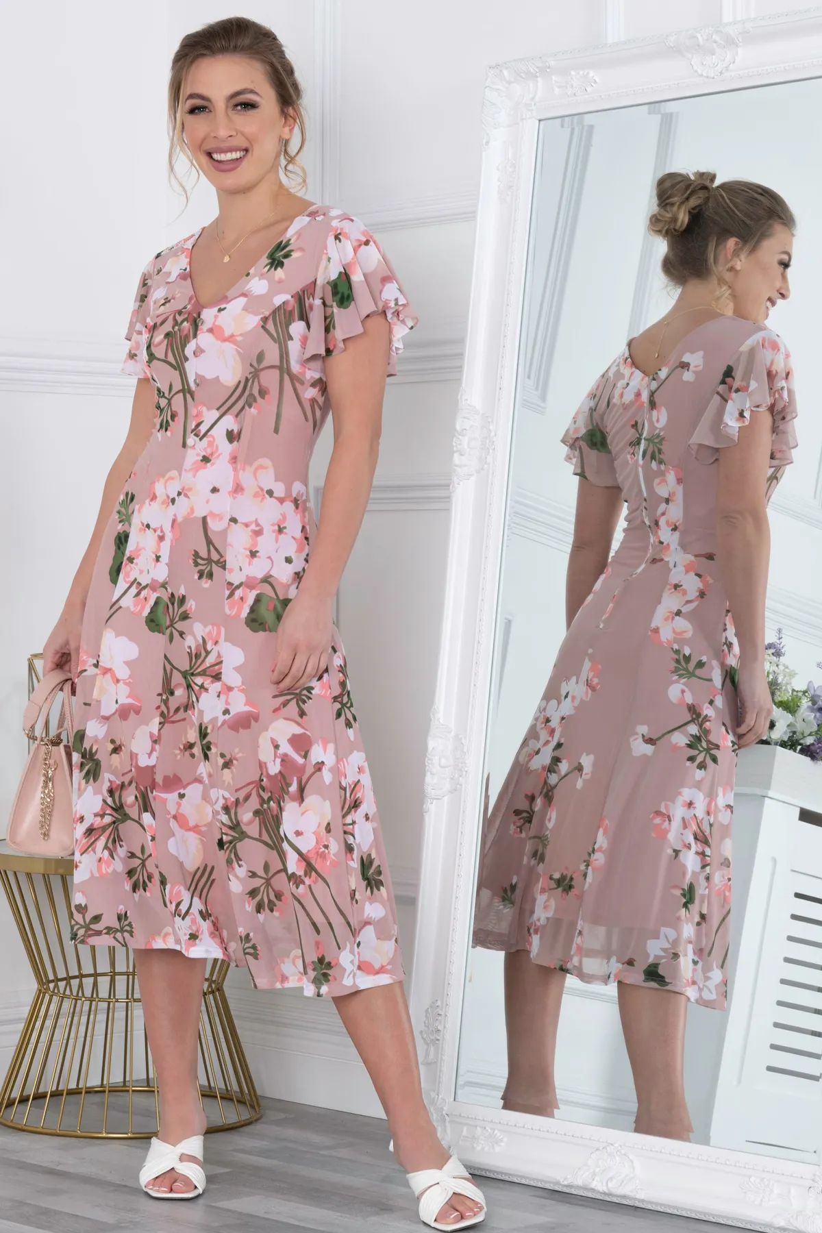 Jolie Moi Occasion Dresses|Floral Dresses-Acela Floral Print Mesh Dress, Dusty Pink
