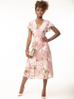Jolie Moi Occasion Dresses|Floral Dresses-Acela Floral Print Mesh Dress, Dusty Pink