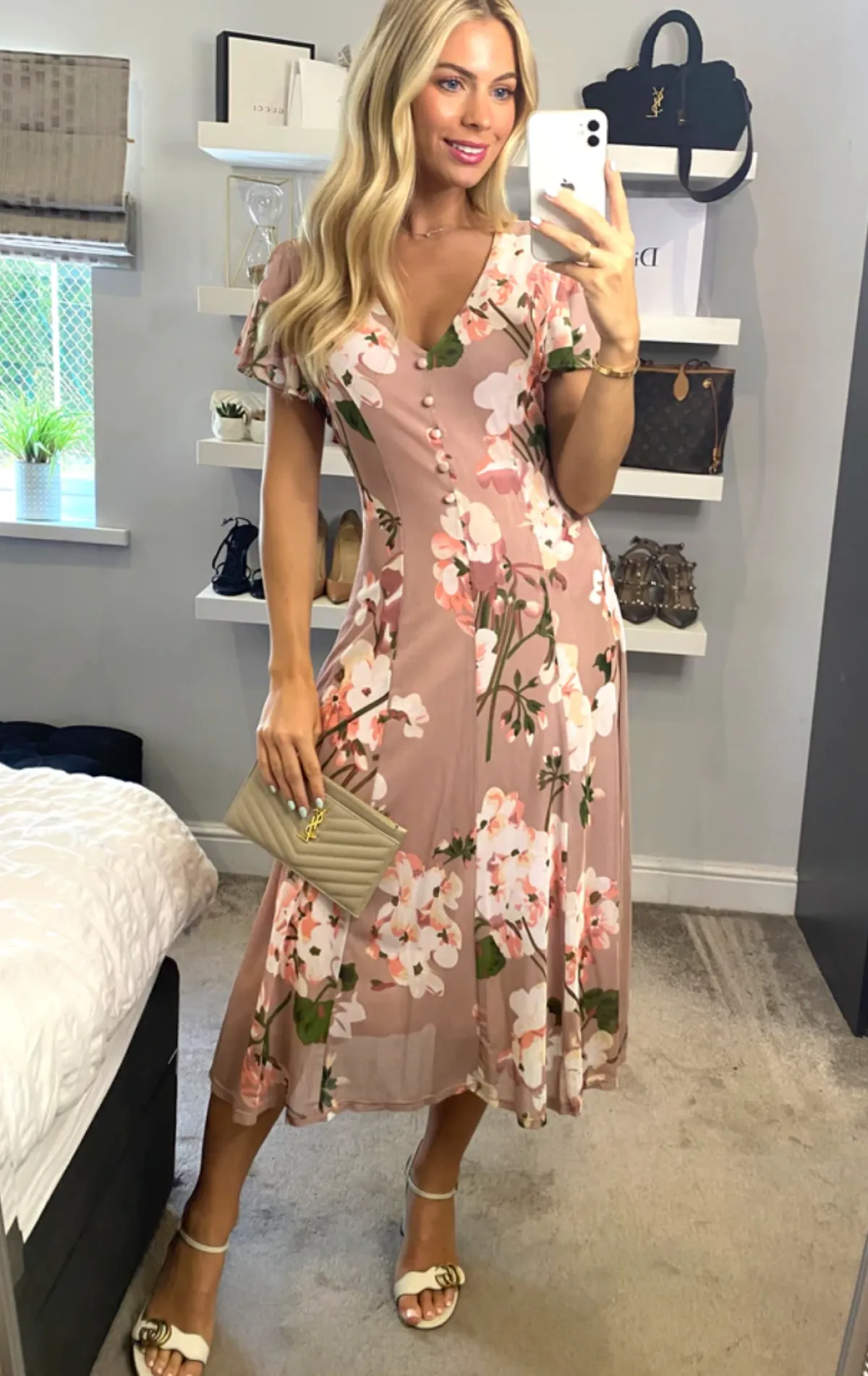 Jolie Moi Occasion Dresses|Floral Dresses-Acela Floral Print Mesh Dress, Dusty Pink