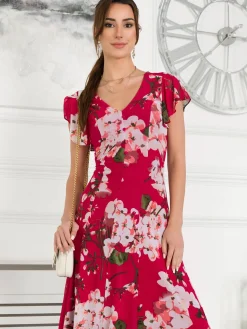 Jolie Moi Occasion Dresses|Floral Dresses-Acela Floral Print Mesh Dress, Plum