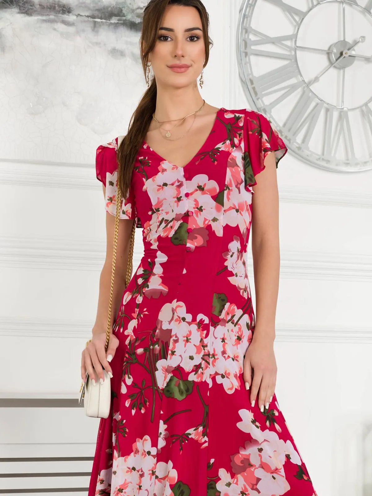 Jolie Moi Occasion Dresses|Floral Dresses-Acela Floral Print Mesh Dress, Plum