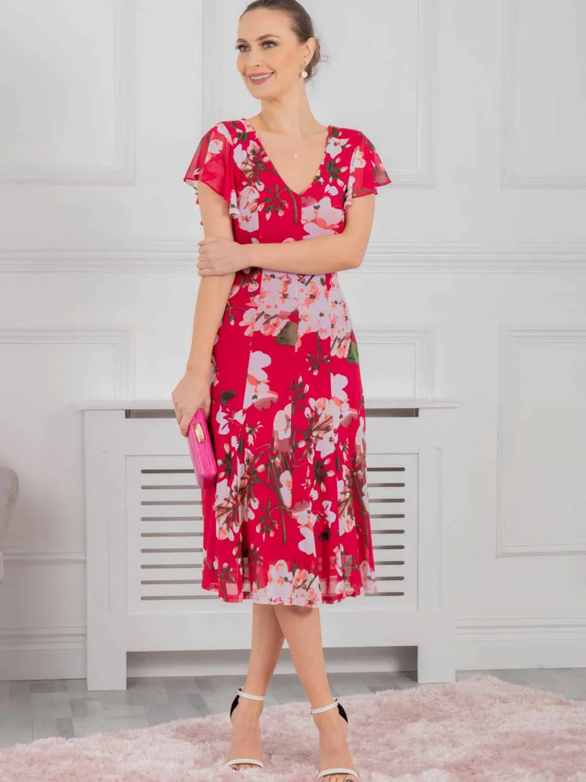 Jolie Moi Occasion Dresses|Floral Dresses-Acela Floral Print Mesh Dress, Plum