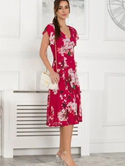 Jolie Moi Occasion Dresses|Floral Dresses-Acela Floral Print Mesh Dress, Plum