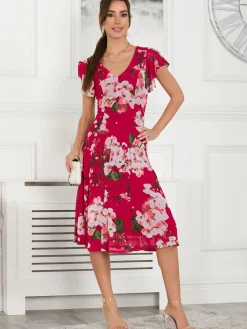 Jolie Moi Occasion Dresses|Floral Dresses-Acela Floral Print Mesh Dress, Plum
