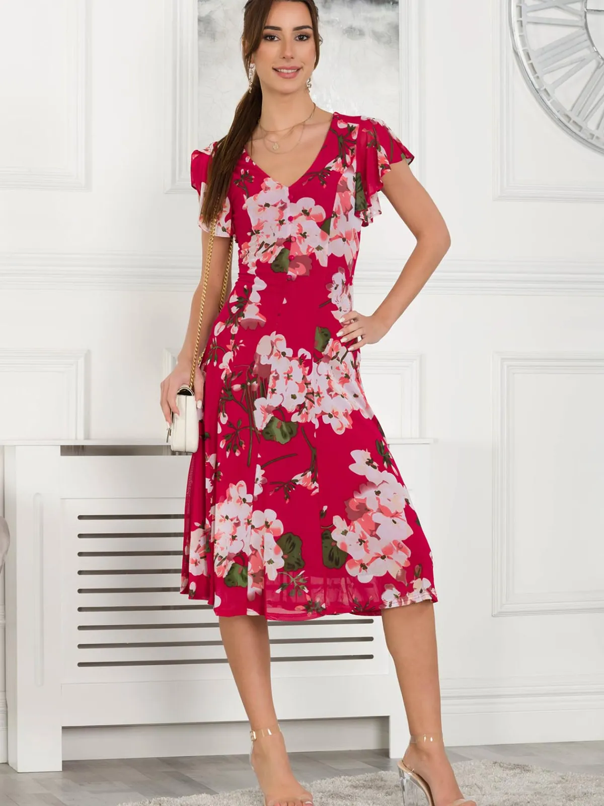Jolie Moi Occasion Dresses|Floral Dresses-Acela Floral Print Mesh Dress, Plum