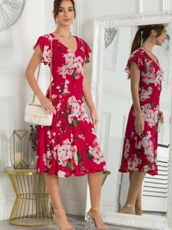 Jolie Moi Occasion Dresses|Floral Dresses-Acela Floral Print Mesh Dress, Plum