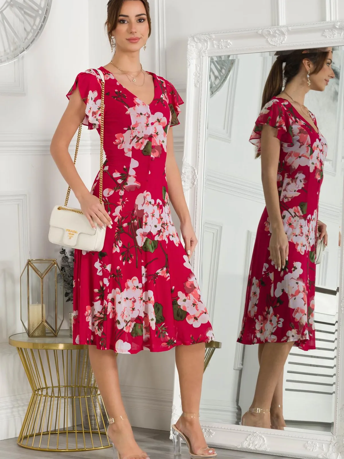 Jolie Moi Occasion Dresses|Floral Dresses-Acela Floral Print Mesh Dress, Plum