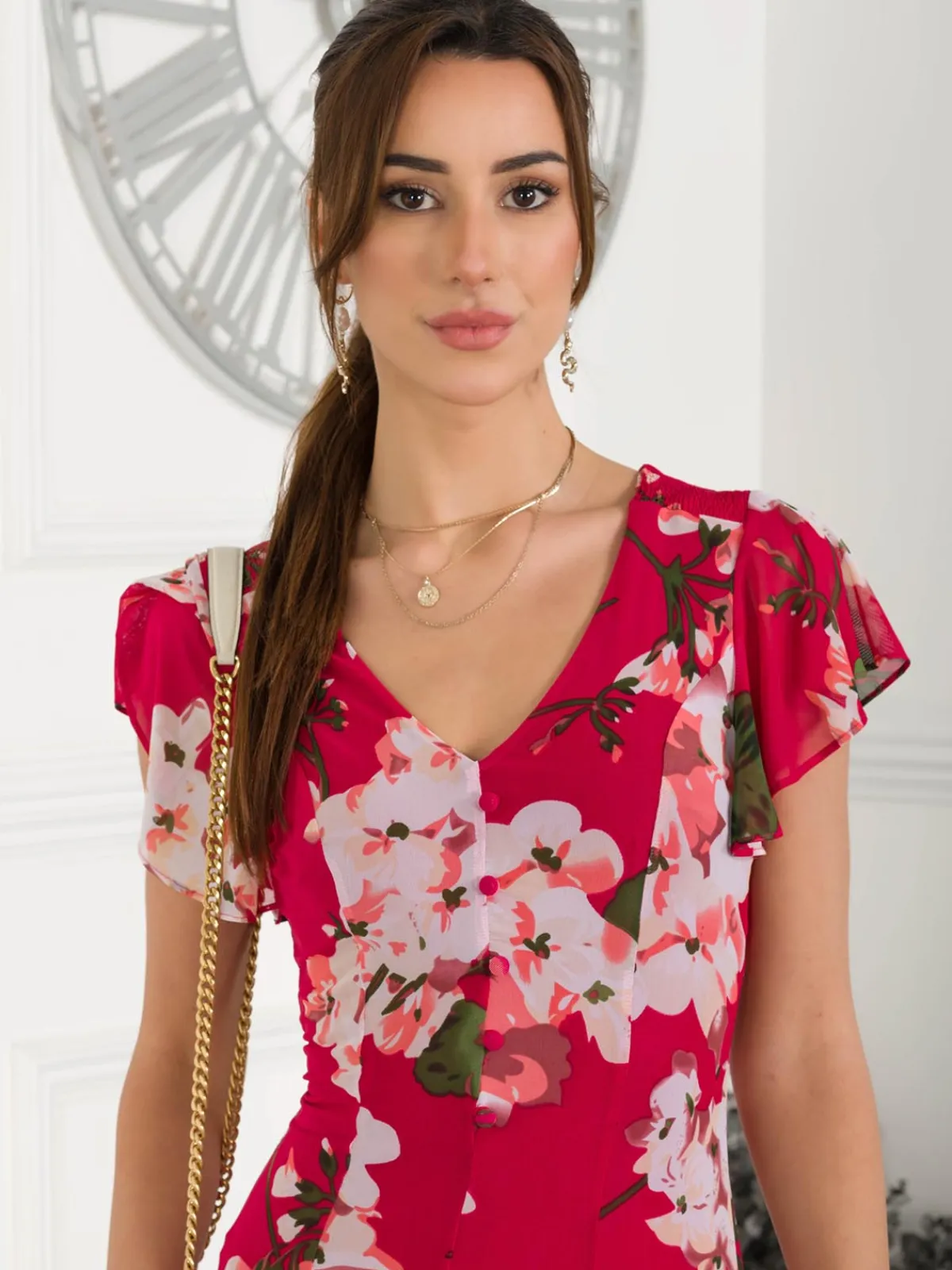 Jolie Moi Occasion Dresses|Floral Dresses-Acela Floral Print Mesh Dress, Plum