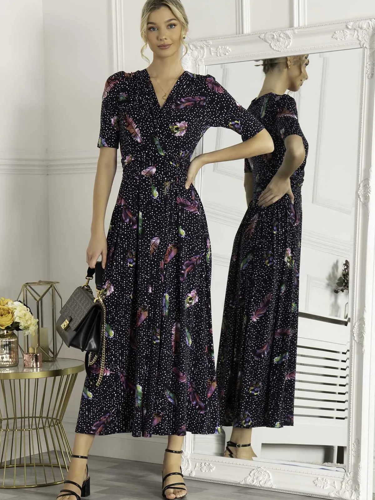Jolie Moi Occasion Dresses|Jersey Dresses-Airis Printed Maxi Dress, Navy Multi